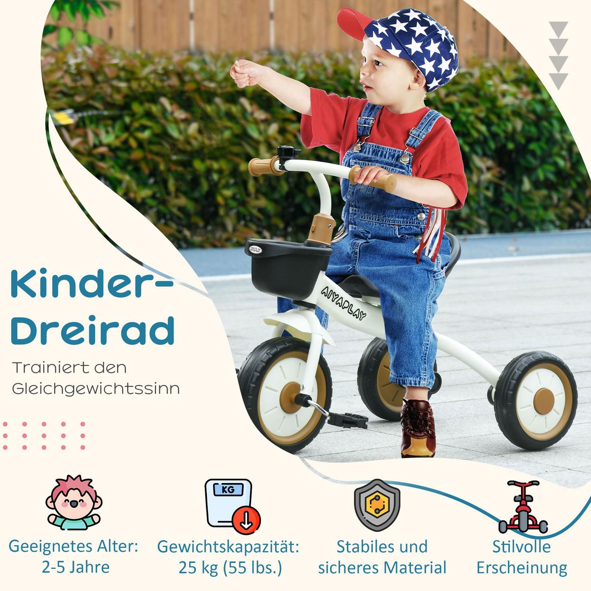 DREIRAD, Kinderfahrrad mit verstellbarer Sitz, Kinderrad für Kinder 2-5 Jahre - Weiß, Metall (70.5/53/58cm) - AIYAPLAY
