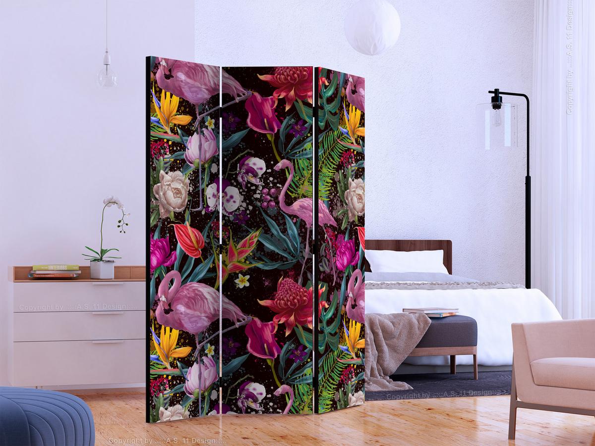 PARAVENT Beidseitig Bedruckter 3-tlg 135x172 cm Flamingos Und Exotische Blumen - Rosa, Holz/Textil (135/172/3cm) - Muralo