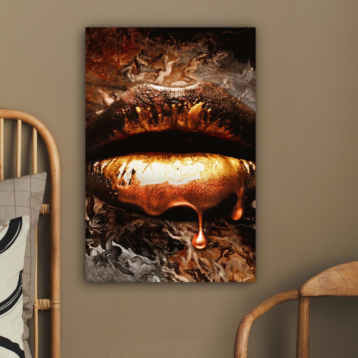 LEINWANDBILD Gold - Lippen - Kunst - Gold - Luxus - Abstrakt Wanddeko Schlafzimmer 60x90 cm - Kupferfarben, Textil (60/90cm) - MuchoWow