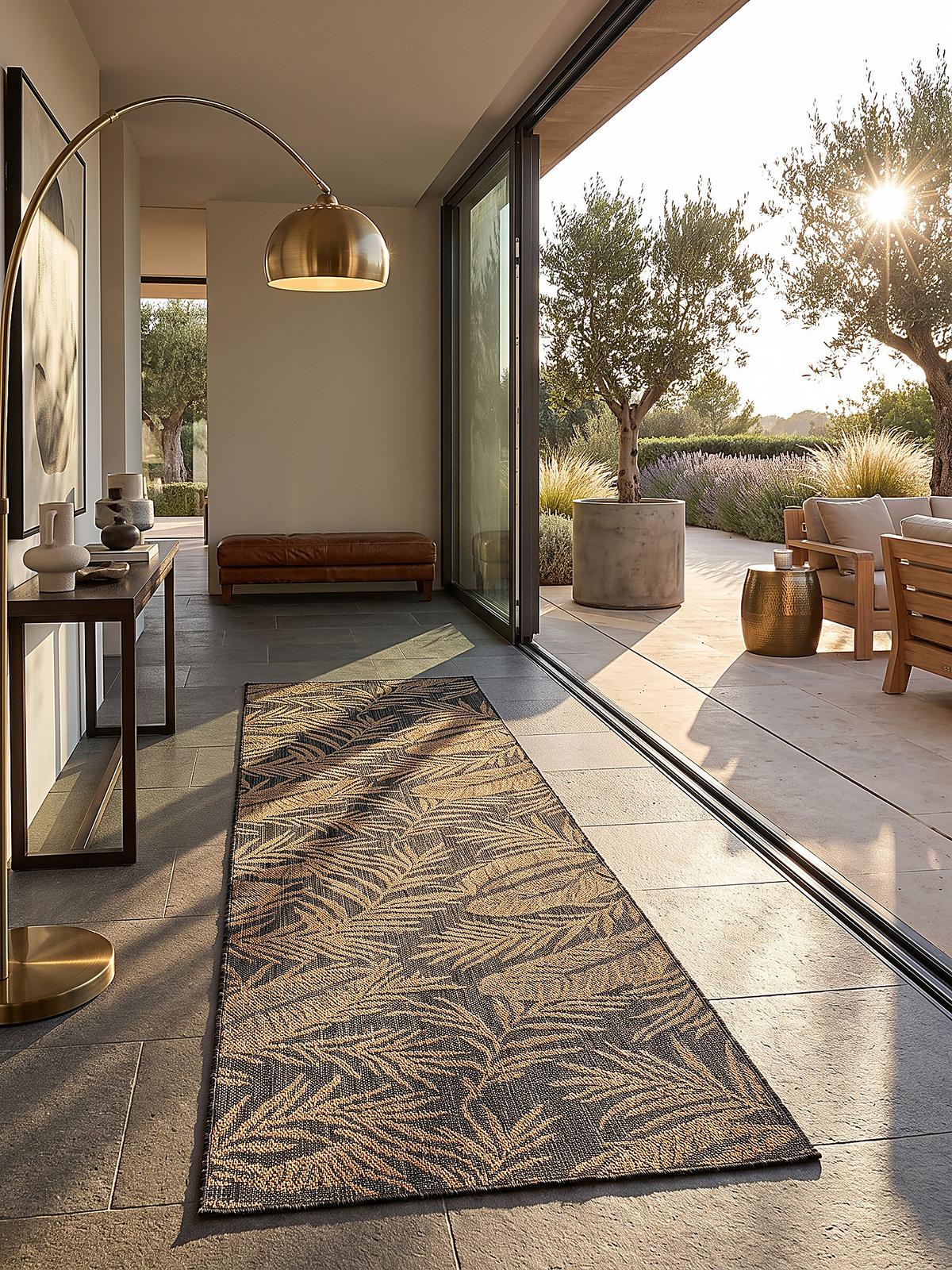 LÄUFER Outdoor, Fußbodenheizung-geeignet, mit Blattmotiv, VIGOLENO in Schwarz-Beige, 80 x 150 cm - Schwarz, Textil (80/150cm) - KADIMA DESIGN