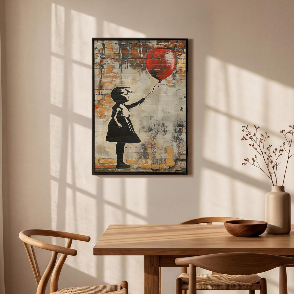LEINWAND Bilder mit Rahmen - Graffiti - Banksy - Mädchen - Straßenkunst - 60x90 - Sandfarben, Textil (60/90cm) - MuchoWow