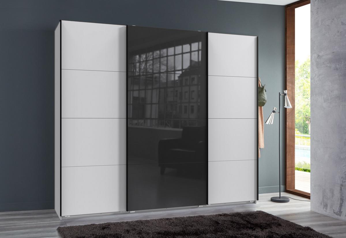 SCHWEBETÜRENSCHRANK 3-türig B225/H208/T64 cm in Weiß, Kleiderschrank mit einer Glasfront-Tür in Schwarz / 22522 - Schwarz Hochglanz/Edelstahlfarben, Holzwerkstoff/Metall (225/208/64cm) - luma-home