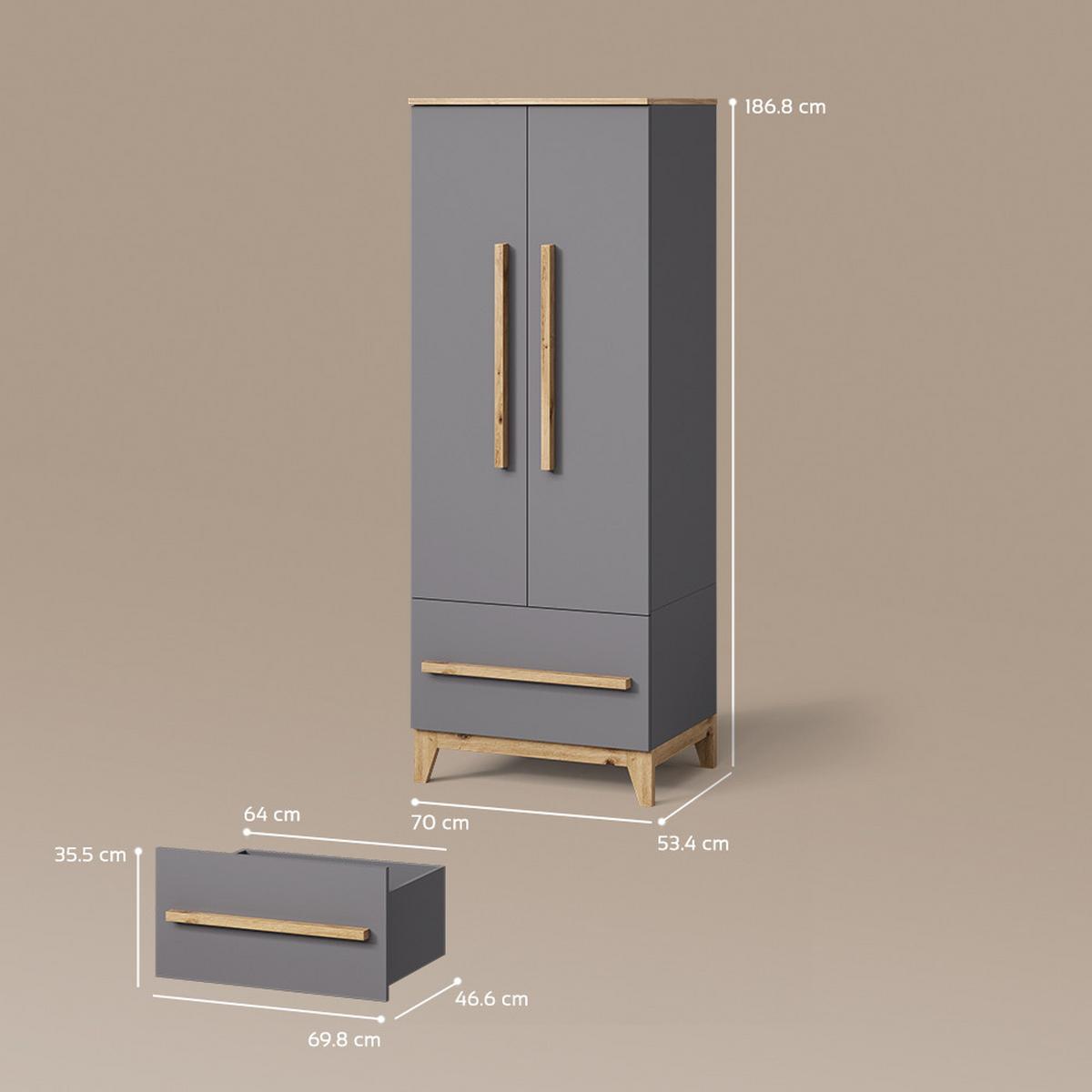 KINDERKLEIDERSCHRANK Mailo Grau/Artisan 70 x 186.8 cm mit 4 Schubladen - Eiche Artisan/Grau, Holzwerkstoff (70/186.8/53.4cm) - Livinity®