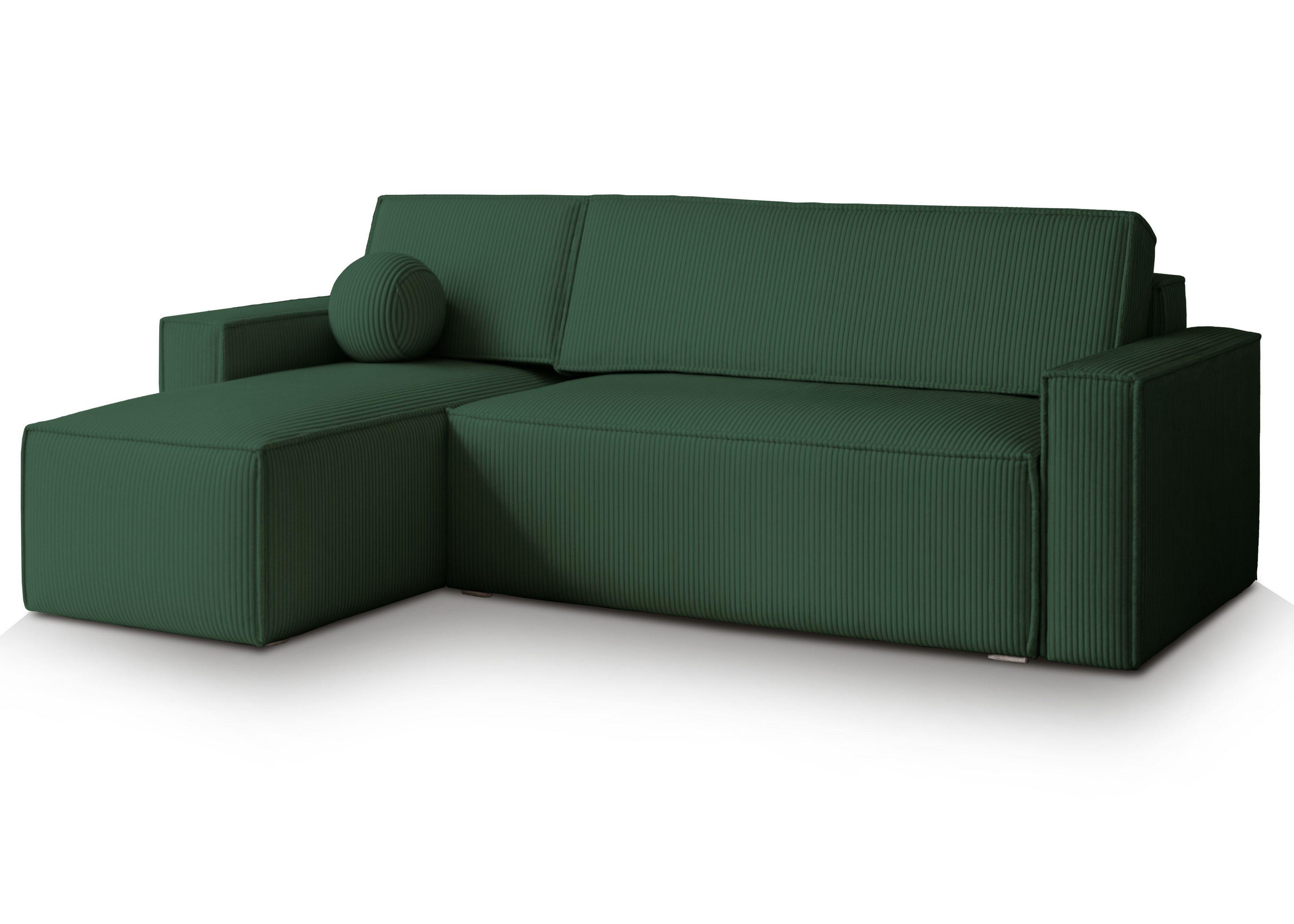 ECKSOFA RAVELO P Grün Kordstoff mit Schlaffunktion - Grau/Grün, Holz/Kunststoff (240/140cm) - MASSENO