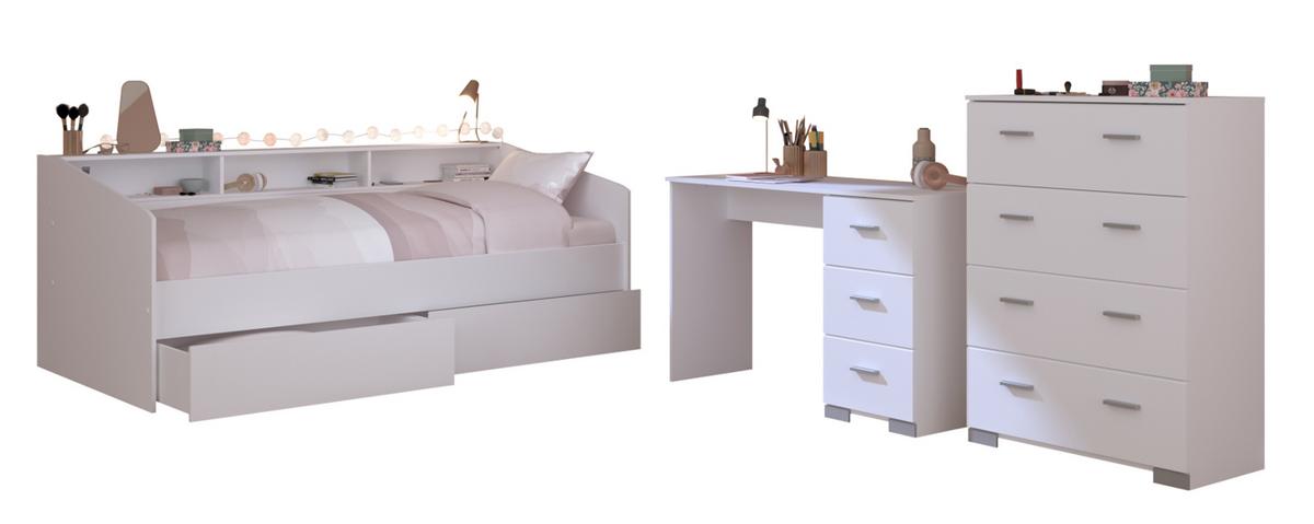 KINDERZIMMER Set 3-tlg. mit Schreibtisch Kommode Bett 90x200 cm - Silberfarben/Weiß, Holzwerkstoff/Kunststoff (120/107/82cm) - Parisot Meuble