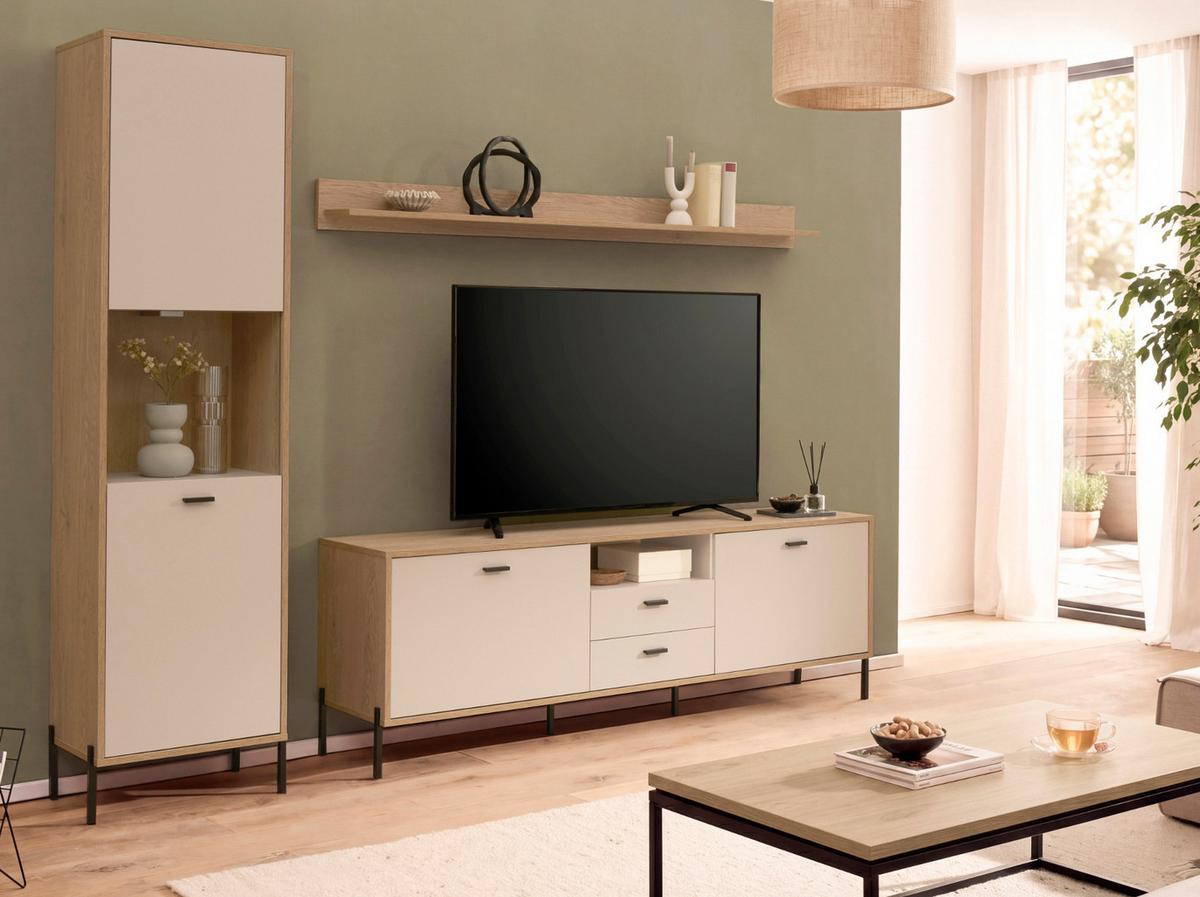 WOHNWAND Kaschmir, Eiche 259 cm 3-teilig, Wohnkombination mit Soft-Close - Kaschmir/Eichefarben, Glas/Holzwerkstoff (259/204/40cm) - Furn.Design