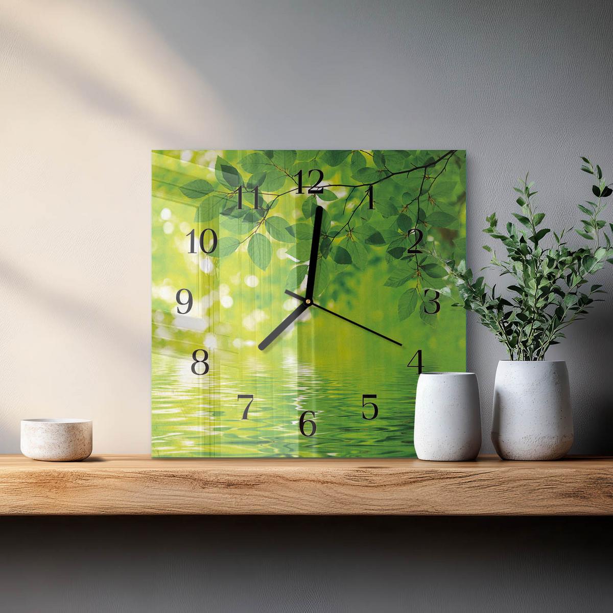 WANDUHR aus Glas 30x30 cm - Blätter - Grün, Glas (30/30/0.4cm) - TULUP