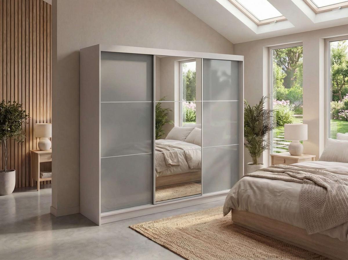 SCHWEBETÜRENSCHRANK mit Spiegel und Schubladen - WALENCJA - 240 - Kaschmir-Grau lacobel - Kaschmir/Alufarben, Holzwerkstoff/Metall (240/216/61cm) - MKS