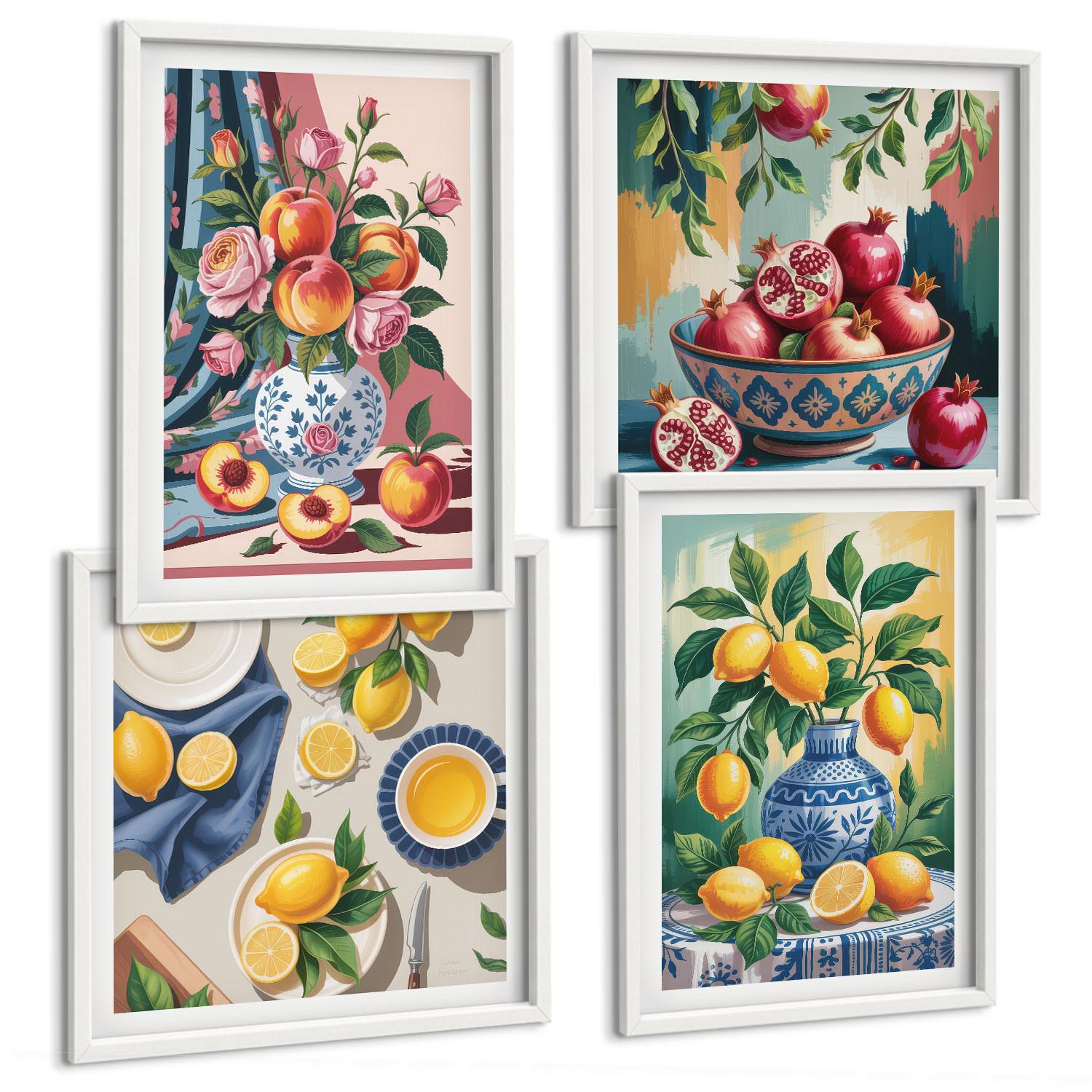 BILDER SET 4er Set - 50x50 cm & 40x60 cm Weißer Rahmen - Blumen und Früchte in Vasen - Weiß, Kunststoff (50/50cm) - TULUP