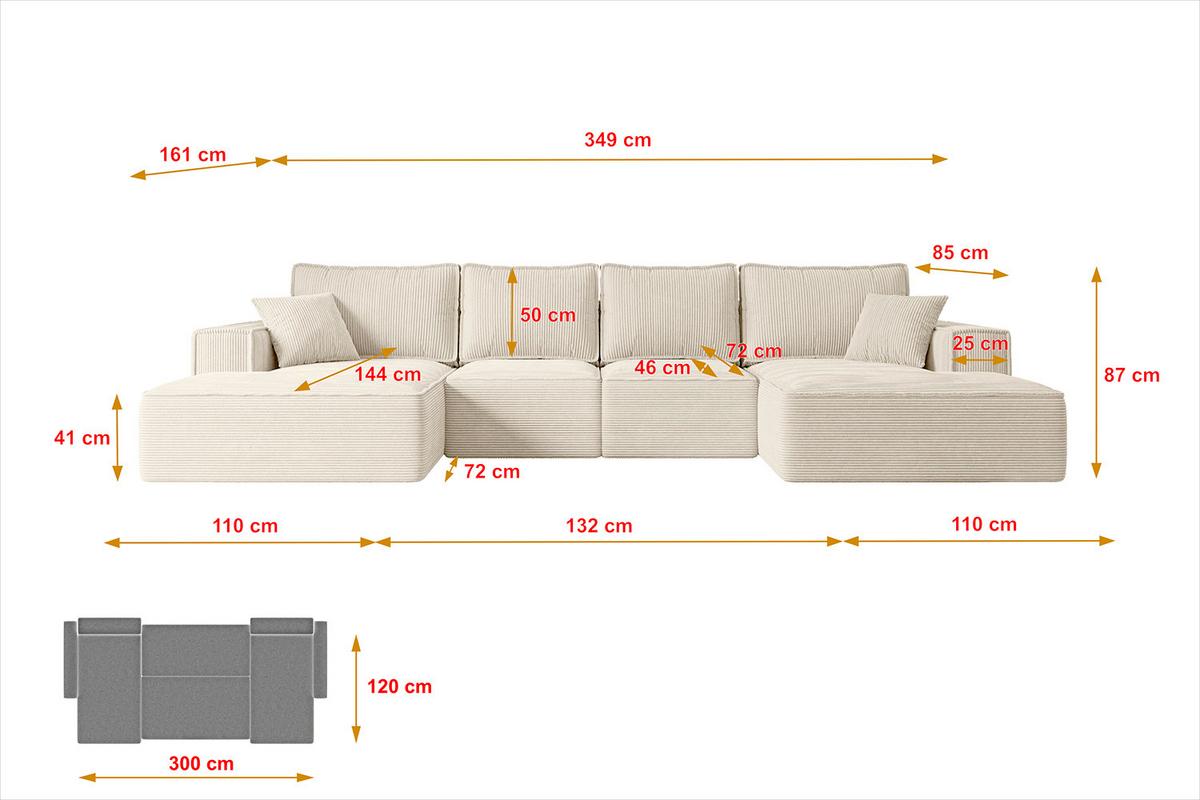 WOHNLANDSCHAFT mit Schlaffunktion und Bettkasten SIERRA-U-S - 349x161x87 cm Beige Cord - Beige/Schwarz, Holzwerkstoff/Kunststoff (349/87/161cm) - ALTDECOR