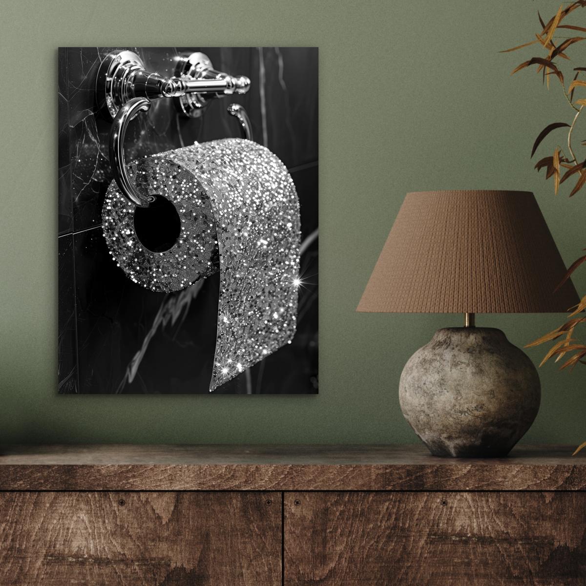METALLBILD WC - Toilettenpapier - Schwarz und weiß - Glitter 30x40 cm - Silberfarben, Metall (30/40cm) - MuchoWow