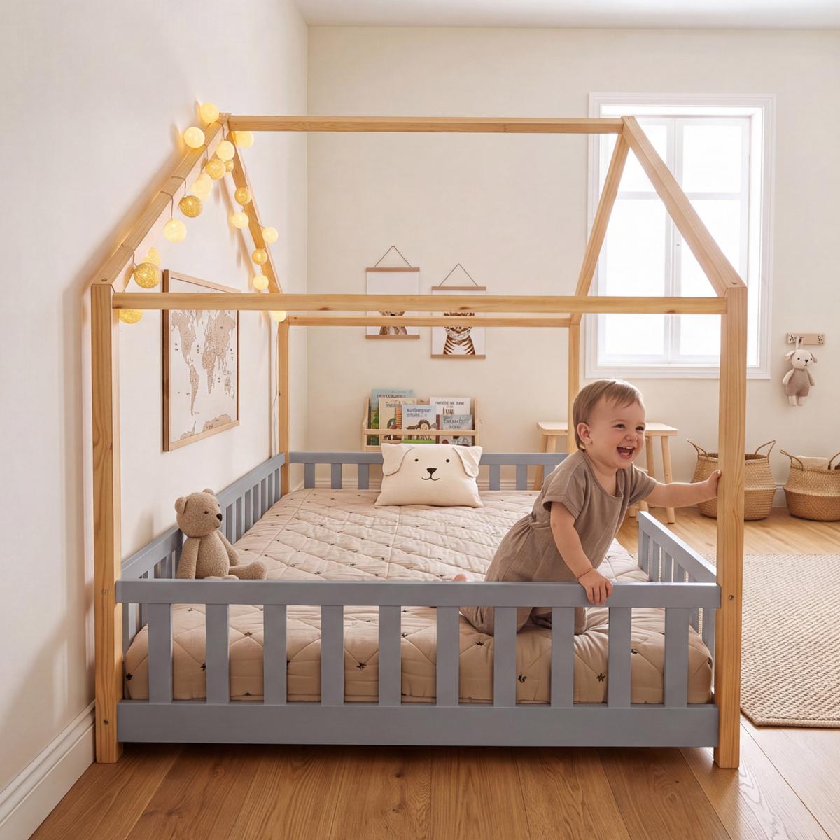 HAUSBETT Treviolo - Hellgrau/Naturfarben, Holz (140/200cm) - [en.casa]