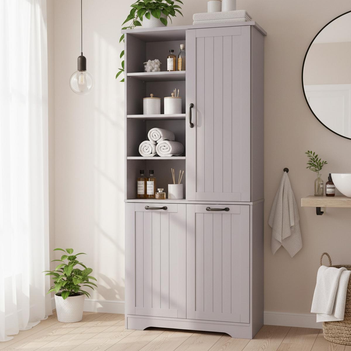HOCHSCHRANK (Bad) Grau mit Doppel-Wäschekorb - Grau, Holzwerkstoff (78/173/35cm) - Urban Meuble