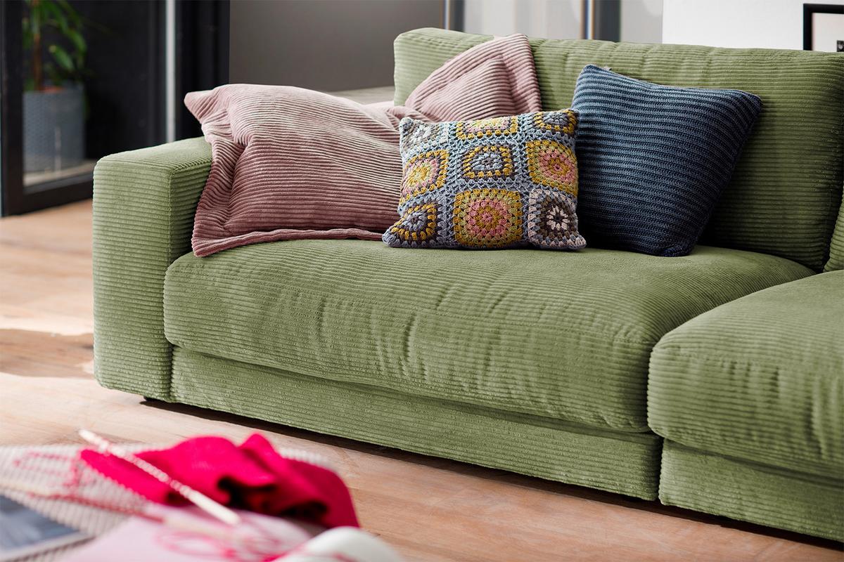 SOFA 3-SITZER MADELINE Grün Cord - Schwarz/Olivgrün, Textil (290/85/127cm) - KAWOLA
