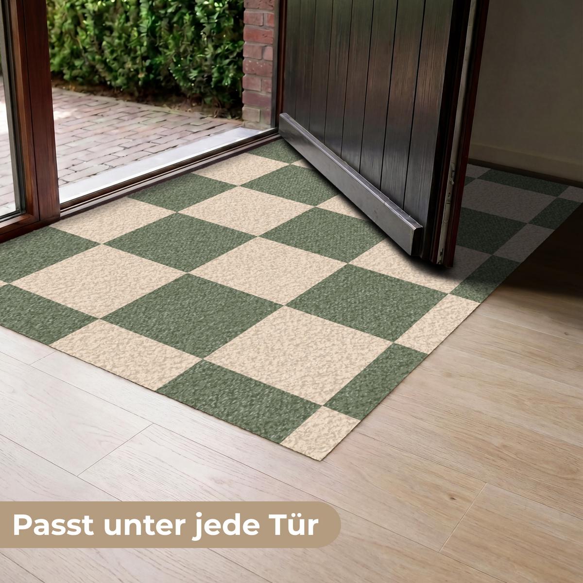 FUSSMATTE Schachbrettmuster - Grün - Beige - Blöcke Flurteppich 120x80 cm - Olivgrün, Kunststoff (120/0.4cm) - MuchoWow