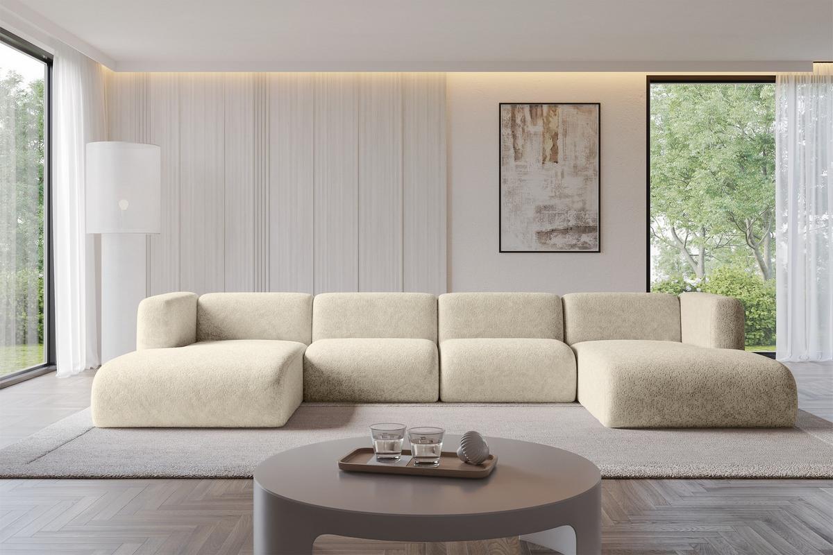 WOHNLANDSCHAFT MIRA-U2 408x179x70 Creme Velours - Creme/Schwarz, Holzwerkstoff/Kunststoff (408/70/179cm) - ALTDECOR