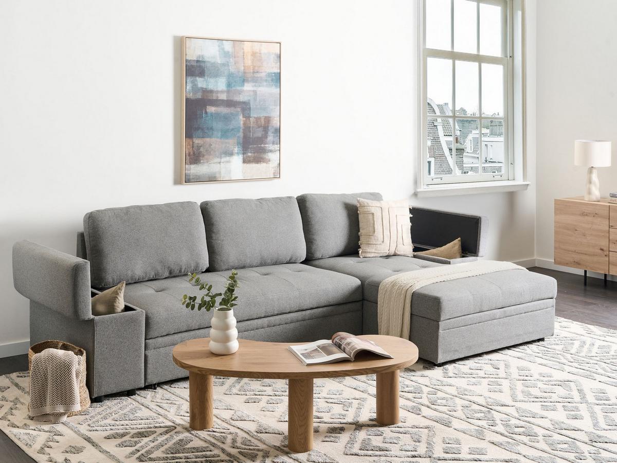ECKSCHLAFSOFA 3-Sitzer Kunstleinen Grau mit Stauraum linksseitig Hrisey - Grau, Textil (293/161cm) - Beliani