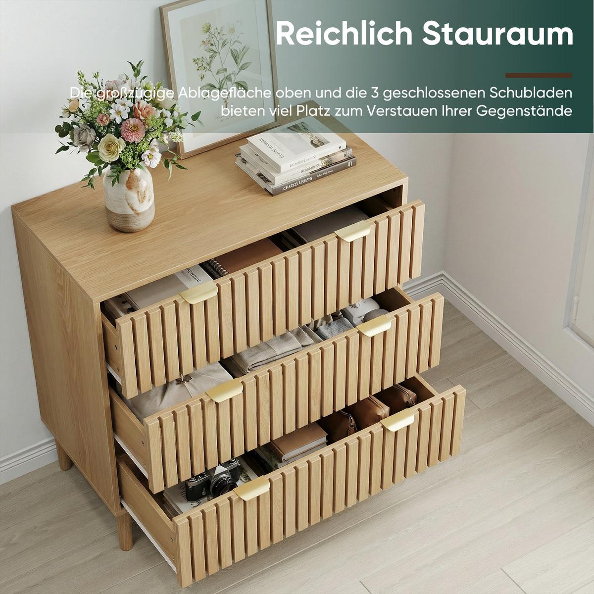 SIDEBOARD eichen-optik & latten-design mit 3 schubladen & goldgriffen - Eichefarben, Holzwerkstoff (80/80/39cm) - Urban Meuble