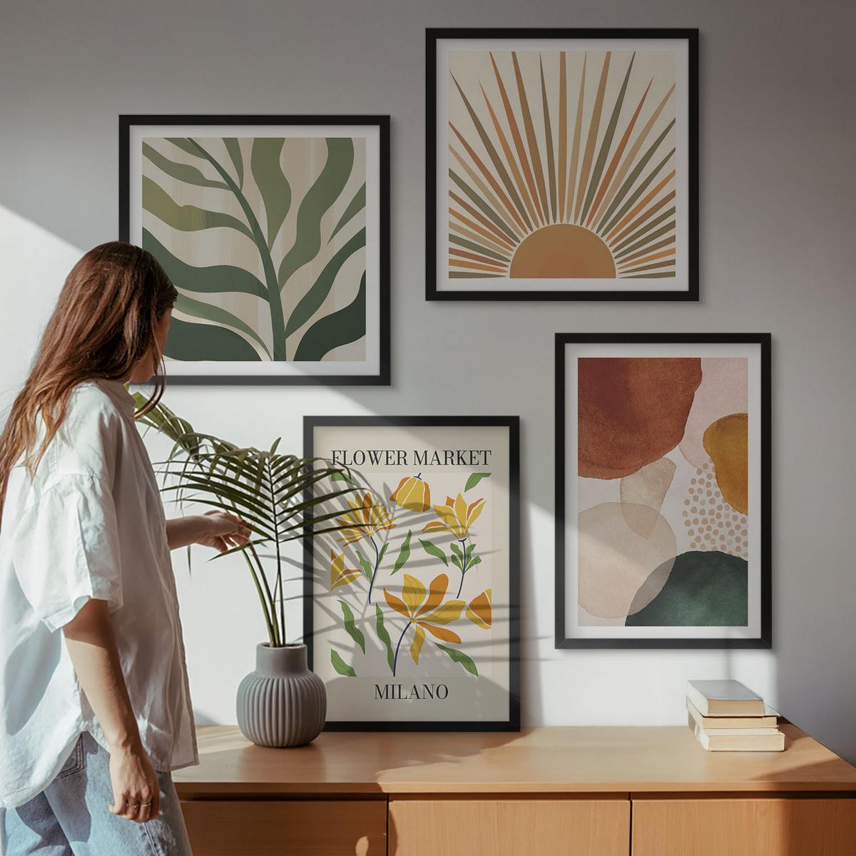 BILDER SET 4er Set - 50x50 cm & 40x60 cm Schwarzer Rahmen - Abstrakte Blumenmotive - Schwarz, Kunststoff (50/50cm) - TULUP