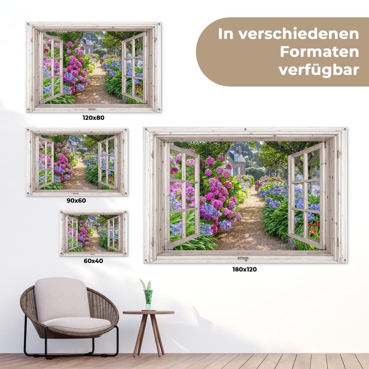 GARTENPOSTER Hortensie - Durchsichtig - Blumen - Sommer - Lila - Weg Poster für draußen 180x120 cm - Grün, Kunststoff (180/120/0.2cm) - OnlyWow