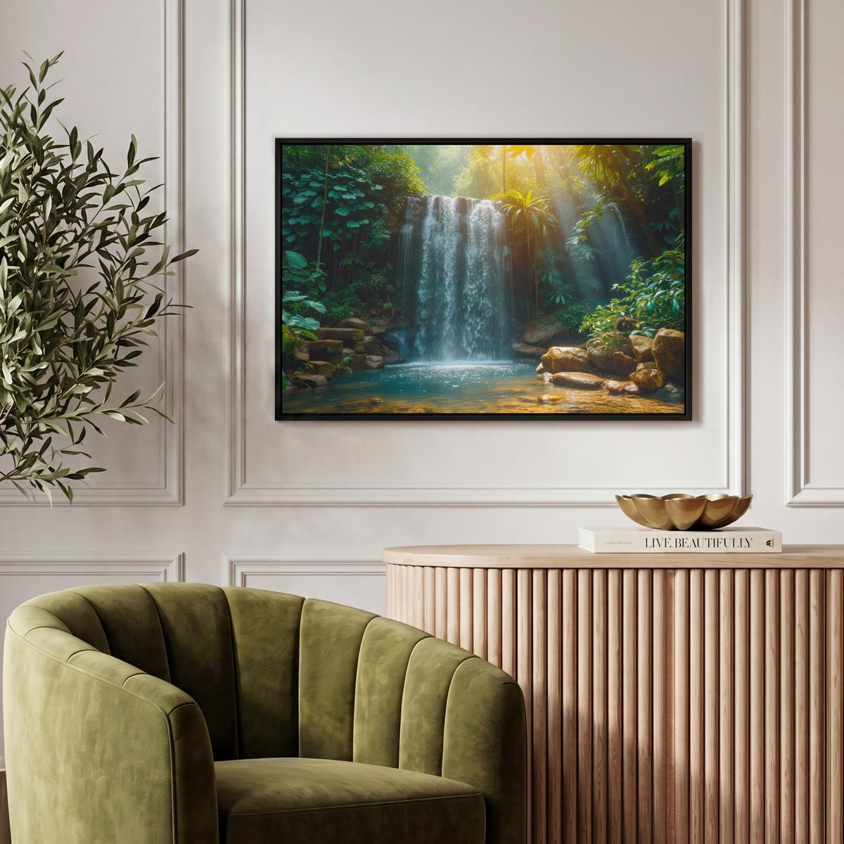 LEINWAND Bilder mit Rahmen - Wasserfall - Dschungel - Sonne - Grün - Natur - 60x40 - Grün, Textil (60/40cm) - MuchoWow