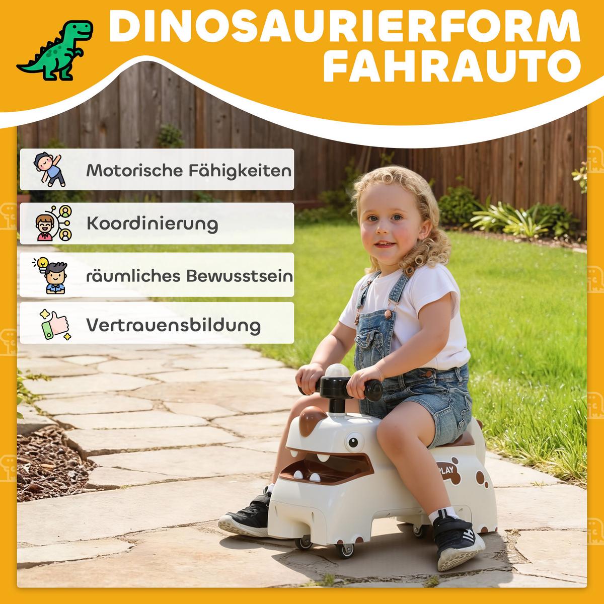 RUTSCHAUTO im Dinosaurier-Form Rutschfahrzeug mit Stauraum unter Sitz, Licht - Creme, Kunststoff (52/24/38cm) - AIYAPLAY