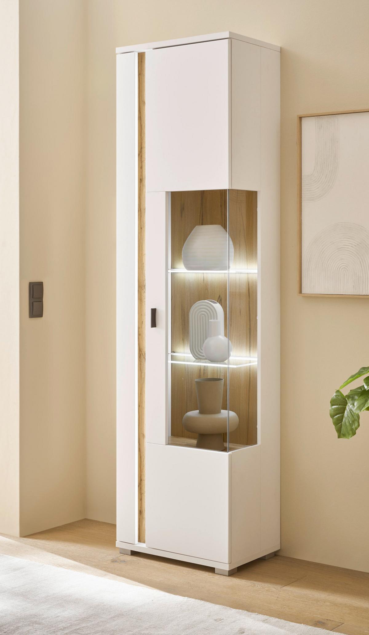 VITRINE weiß matt, Eiche Wotan 55 x 200 cm, Vitrinenschrank inklusive Frontbeleuchtung - Eiche Wotan/Silberfarben, Glas/Holzwerkstoff (55/200/35cm) - Furn.Design