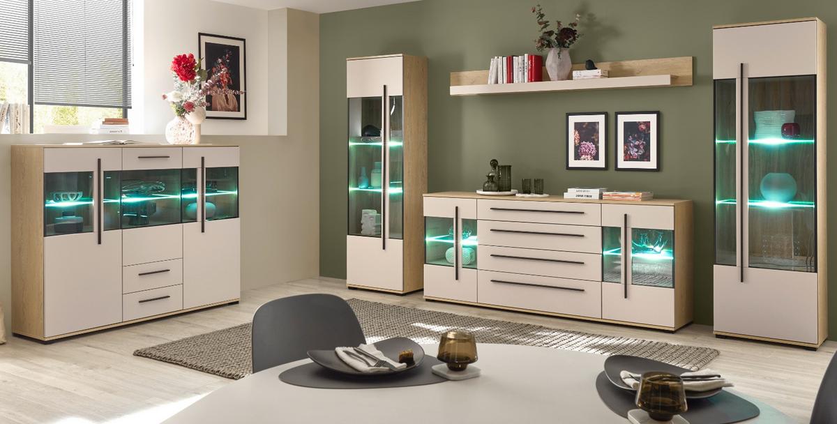 WOHNWAND Kaschmir, Eiche 4-teilig 340 cm, Schrankwand Set mit Soft-Close - Kaschmir/Eichefarben, Glas/Holzwerkstoff (340/200/42cm) - Furn.Design
