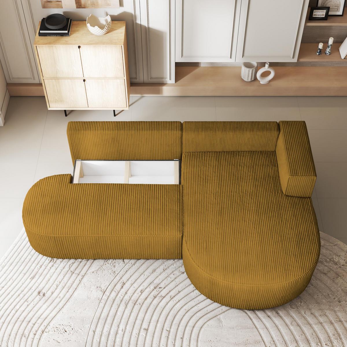 ECKSOFA CORTIO P R-S Gelb Kordstoff mit Schlaffunktion - Gelb, Holz (265/174cm) - MASSENO