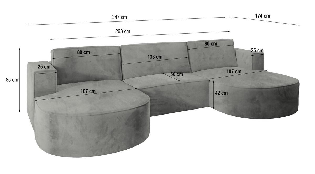 WOHNLANDSCHAFT VEZZO M Hellgrau Velours-Stoff mit Schlaffunktion - Hellgrau, Holz (347/85/174cm) - MASSENO