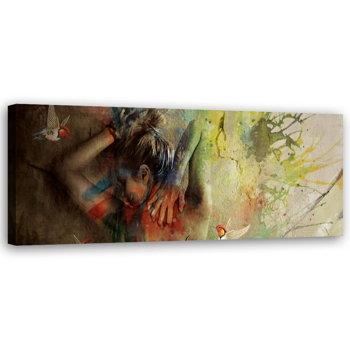 WANDBILD frau und kolibris - Multicolor, Textil (90/30cm) - Feeby