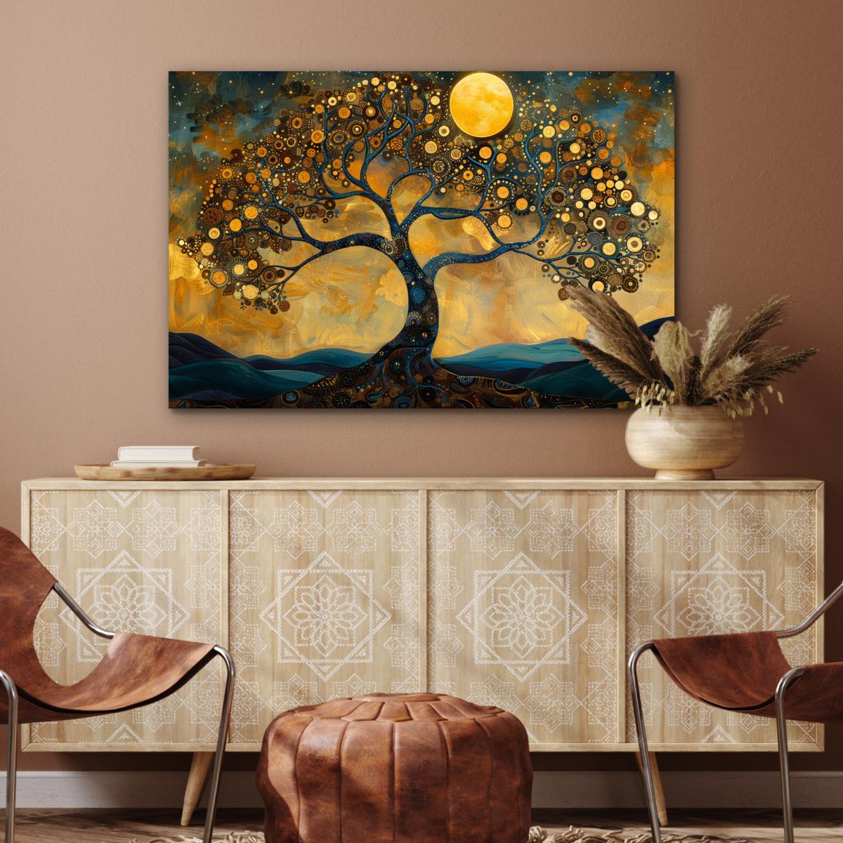 METALLBILD Baum - Mond - Blumen - Gold - Kunst Wanddeko 90x60 cm - Orange, Metall (90/60cm) - MuchoWow