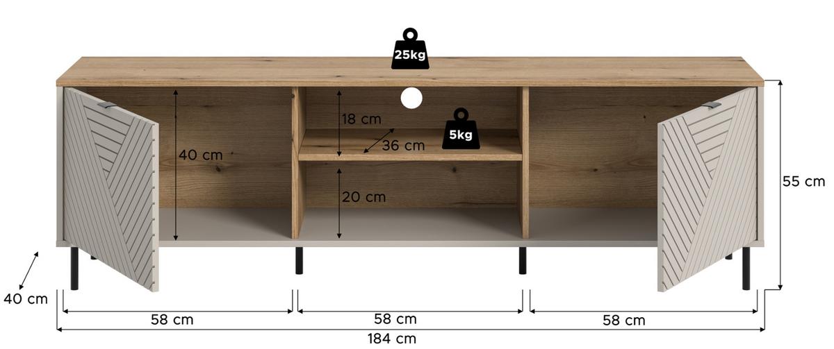 TV-LOWBOARD Kaschmir, Evoke Eiche 184 x 55 cm, TV Unterteil in modernem Design - Kaschmir/Eichefarben, Holzwerkstoff/Metall (184/55/40cm) - Inn.Furn