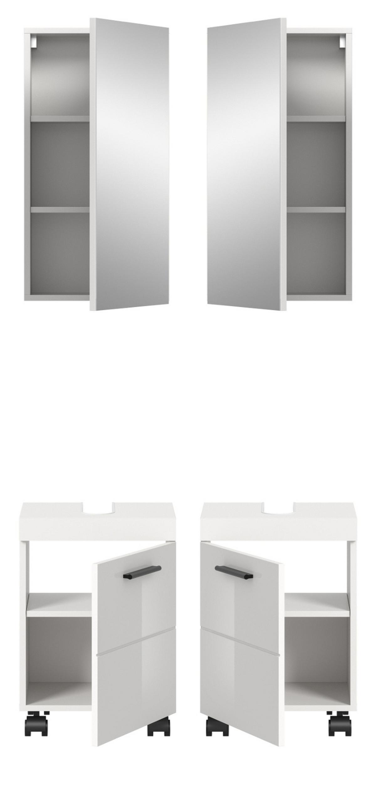 BADMÖBEL-SET weiß Hochglanz 2-teilig 40 cm, Badkombination auf Rollen - Weiß Hochglanz/Schwarz, Glas/Holzwerkstoff (40/191/30cm) - Inn.Furn