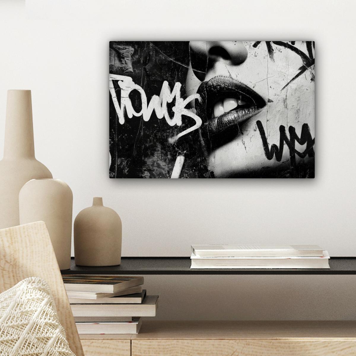 LEINWANDBILD Gesicht - Mund - Graffiti - Schwarz Deko Schlafzimmer 30x20 cm - Schwarz, Textil (30/20cm) - MuchoWow