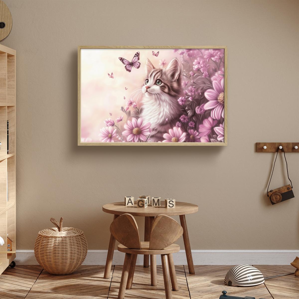 WANDLEUCHTE MIT AKKU Kätzchen - Blumen - Schmetterlinge - Lila 100x70 cm - Altrosa, Holzwerkstoff (100/70/8cm) - OnlyWow