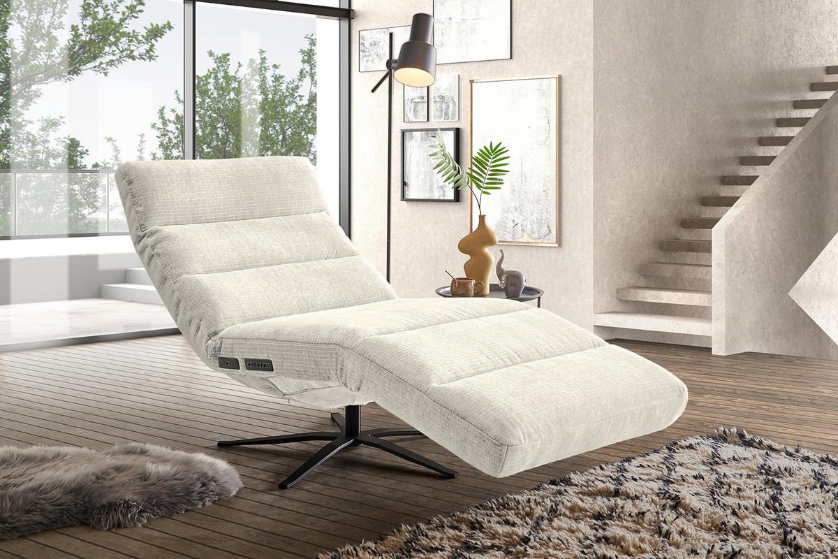 RELAXLIEGE ALINA Cremeweiß Cord Relaxfunktion, Drehbar (360°) - Creme/Schwarz, Textil/Metall (82/115/156cm) - KAWOLA