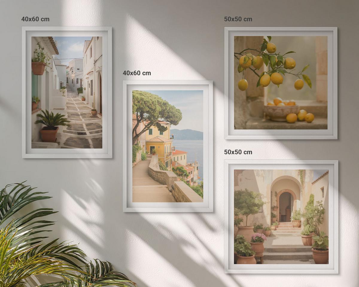 BILDER SET 4er Set - 50x50 cm & 40x60 cm Weißer Rahmen - Zitrusbaum im Fenster am Meer - Weiß, Kunststoff (50/50cm) - TULUP