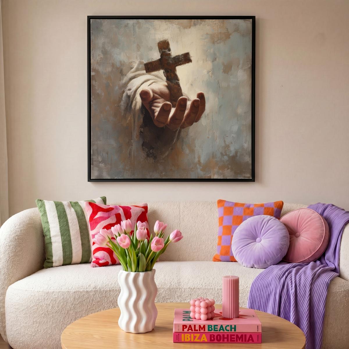 LEINWAND Bilder mit Rahmen - Abstrakt - Kreuz - Hand - Christentum - 90x90 - Hellbraun, Textil (90/90cm) - MuchoWow
