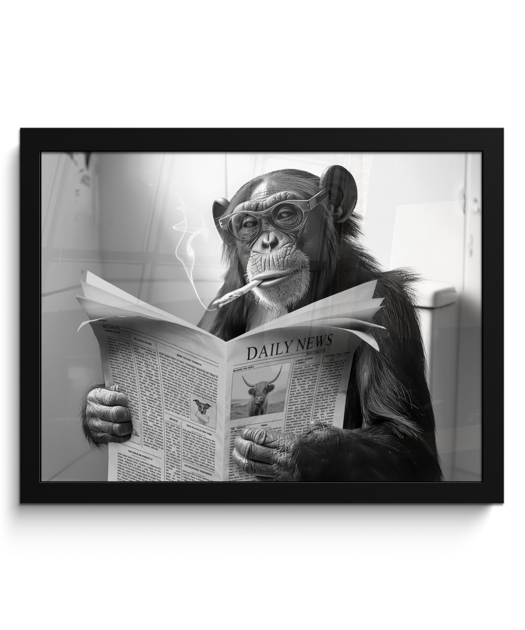 POSTER MIT RAHMEN Affe - WC - Zeitung - Schwarz-Weiß - Humor 40x30 cm - Hellgrau, Papier (40/30cm) - MuchoWow