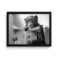 POSTER MIT RAHMENGERAHMTES BILD Affe - WC - Zeitung - Schwarz-Weiß - Humor 40x30 cm - Hellgrau, Papier (40/30cm) - MuchoWow