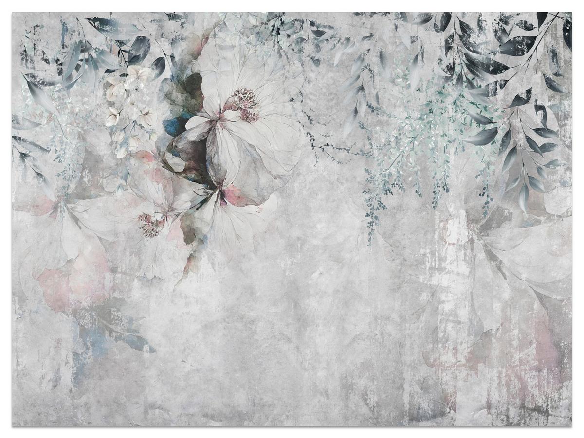 FOTOTAPETE für Schlafzimmer Zarte Blätter Beton Blumen Natur 200x140 - Schwarz/Rosa, Papier (200/140cm) - Muralo