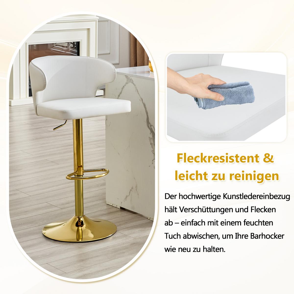 BARHOCKER 2er Set Weiß PU-Leder Höhenverstellbar mit Lehne & Fußstütze - Weiß, Leder (49.7/110/45cm) - Urban Meuble