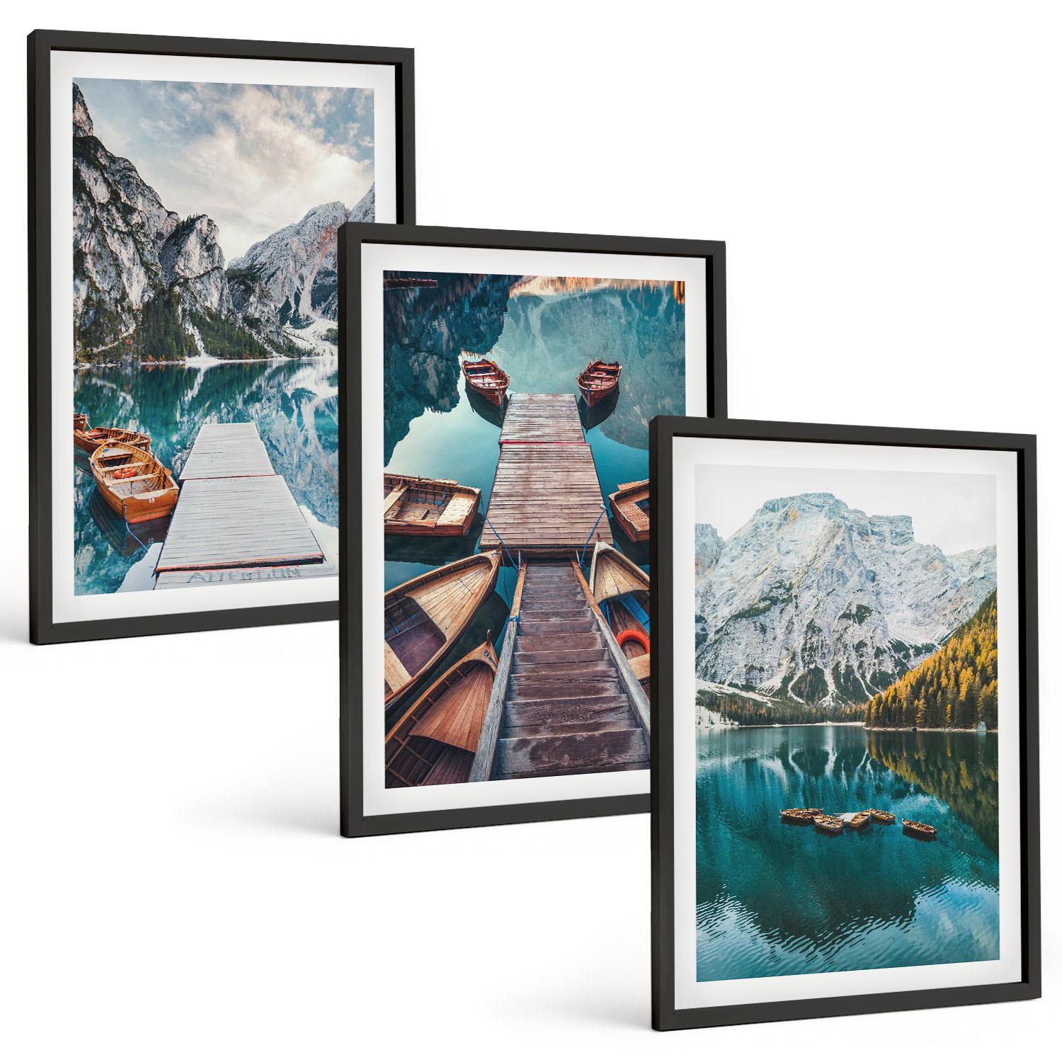 BILDER SET 3er Set - 40x60 cm Schwarzer Rahmen - See, Brücken, Berge - Schwarz, Kunststoff (40/60cm) - TULUP