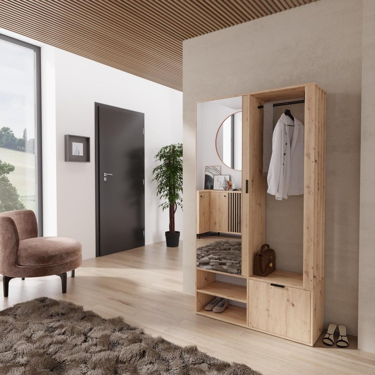 GARDEROBENSCHRANK Limo mit Spiegel und Schuhschrank, Eiche Artisan - Eiche Artisan, Holzwerkstoff (100/190/33cm) - Beautysofa