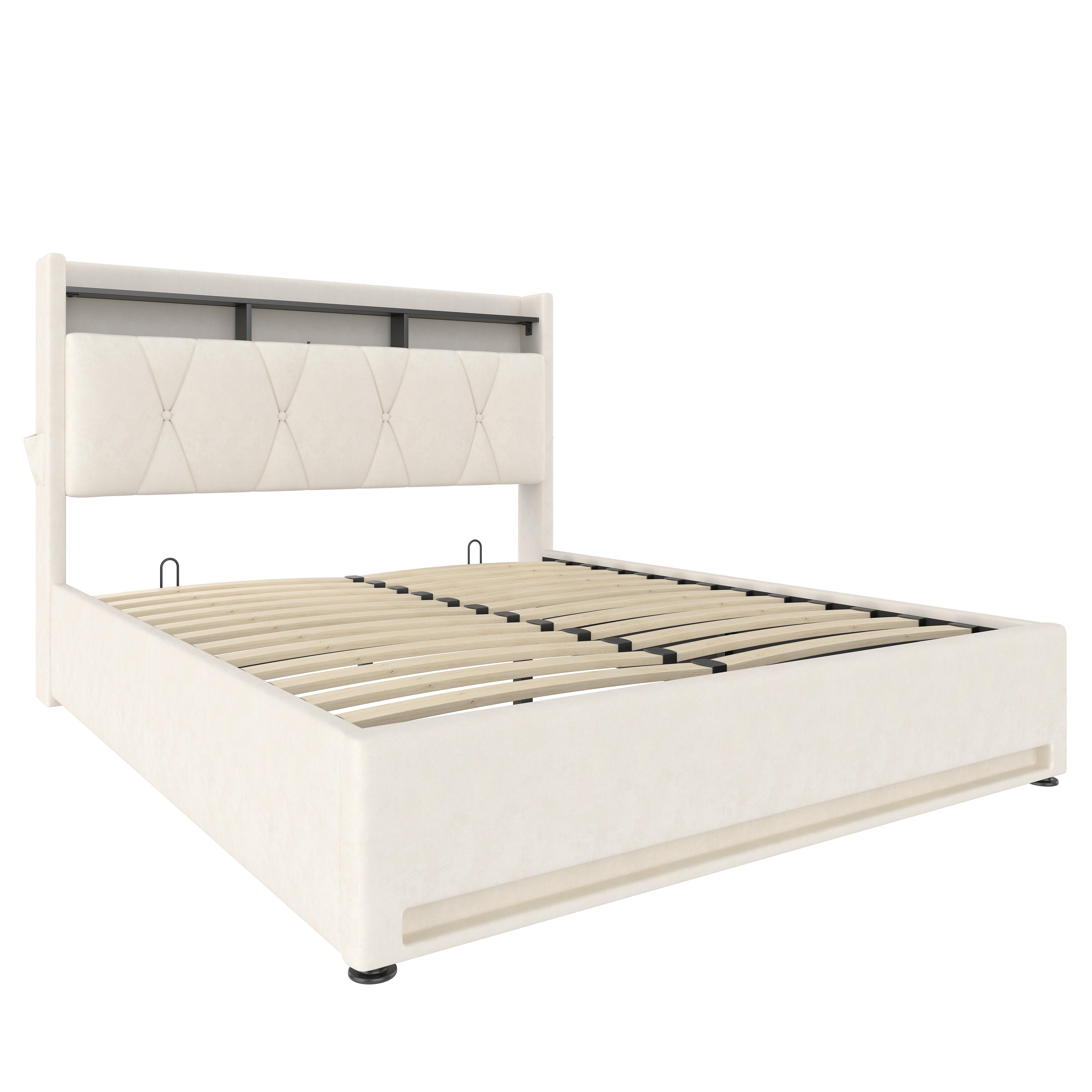 POLSTERBETT samt beige 160x200 cm mit led-beleuchtung, usb-c & stauraum-kopfteil - Beige, Textil (160/200cm) - Urban Meuble