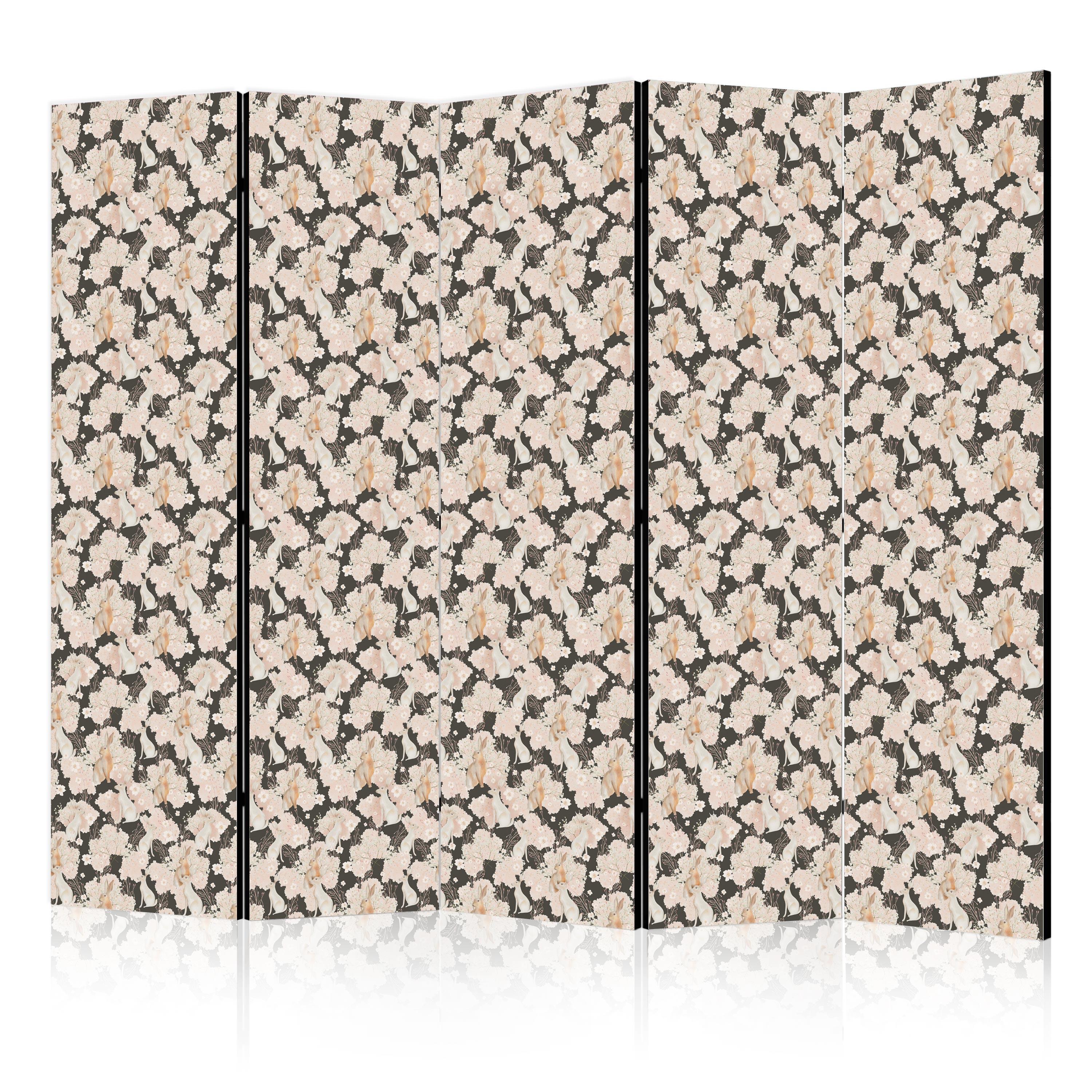 PARAVENT Einseitig Bedruckter 5-tlg 225x172 cm Boho Blumen und Kaninchen - Creme, Holz/Textil (225/172/3cm) - Muralo