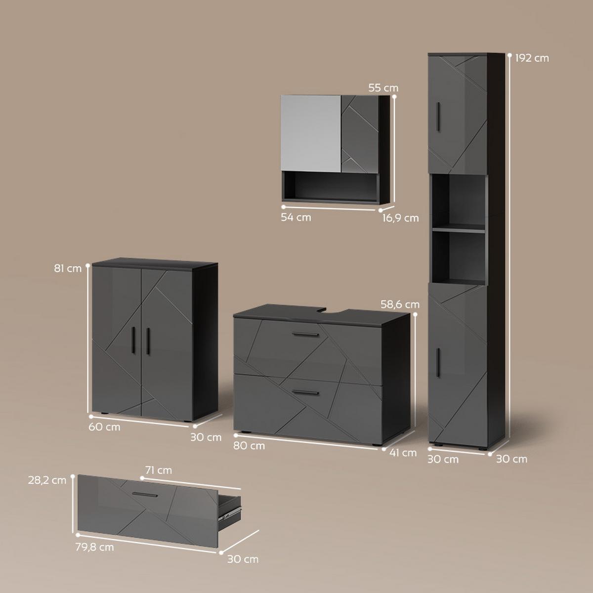 BADMÖBEL-SET Ronco Anthrazit Hochglanz 4 Teile, mit Schubladenschrank und Midischrank - Schwarz Hochglanz, Holzwerkstoff (80/58/41cm) - Livinity®