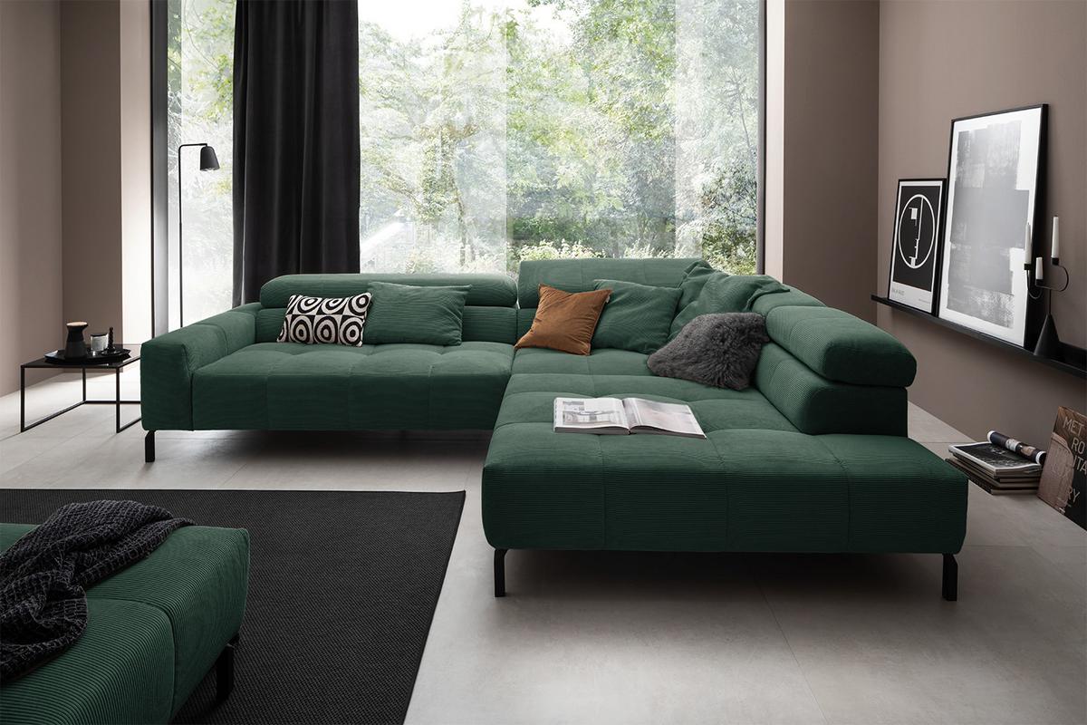 ECKSOFA MIT MOTORISCHEM SITZVORZUG OHIO Smaragdgrün Cord Relaxfunktion - Smaragdgrün/Schwarz, Textil/Metall (311/219cm) - KAWOLA