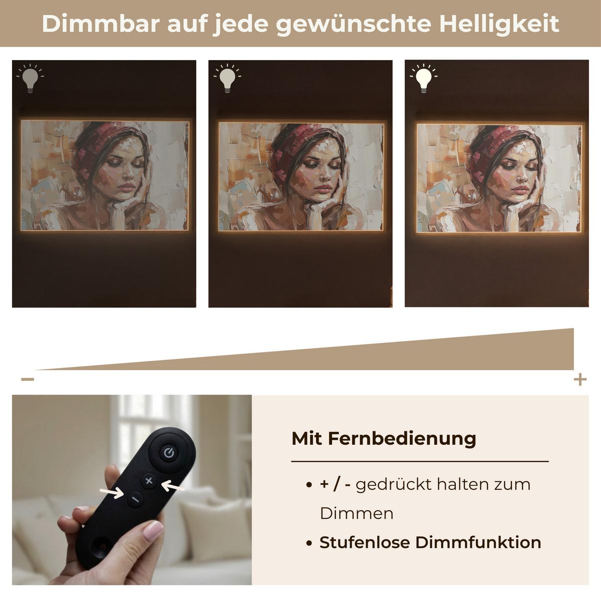 WANDLEUCHTE MIT AKKU Frau - Lackierung - Porträt - Modern 90x60 cm - Braun, Holzwerkstoff (90/60/8cm) - OnlyWow